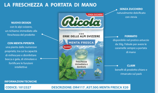 RICOLA MENTA FRESCA GRAMMI 50 X20 PEZZI SENZA ZUCCHERO SCAD 12/26