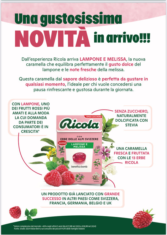 RICOLA LAMPONE E MELISSA SENZA ZUCCHERO X 20 PEZZI SCAD 12/27