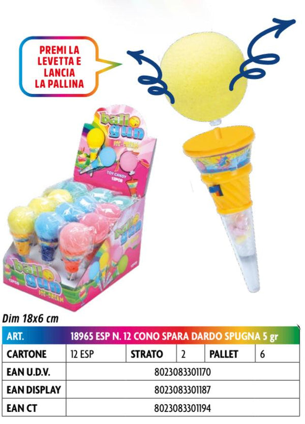 CONO SPARA DARDO SPUGNA CON CARAMELLE 5 GRAMMI X 12 PEZZI