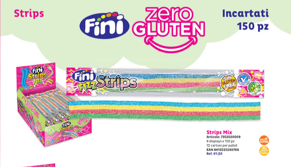 FINI STRIPS CARAMELLE FRIZZANTI FRUTTA X 150 PEZZI SENZA GLUTINE SCAD.05/26